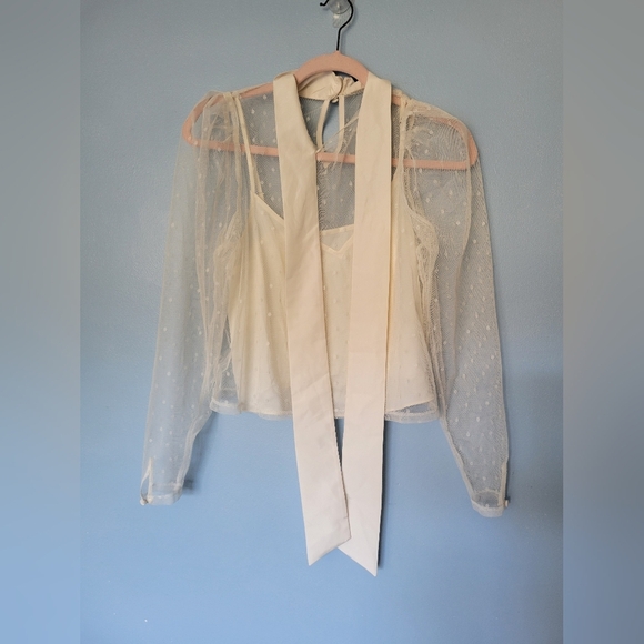 Express Tulle Polka Dot Tie Mock Neck Puff Sleeve Top Cream XS - Picture 2 of 11